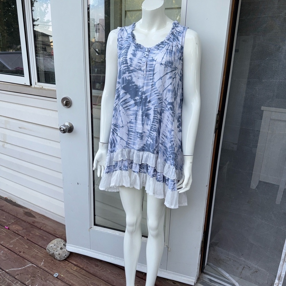 Papillon Boho Tie-Dye blue&white Sleeveless Dress with Ruffle white Hem Sz Lg